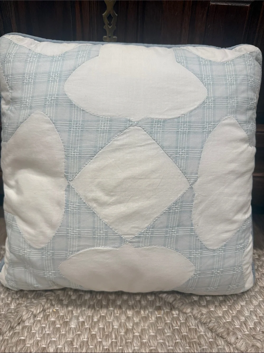 Vintage Quilt Blue Plaid Decorative Throw Pillow with White Appliqué